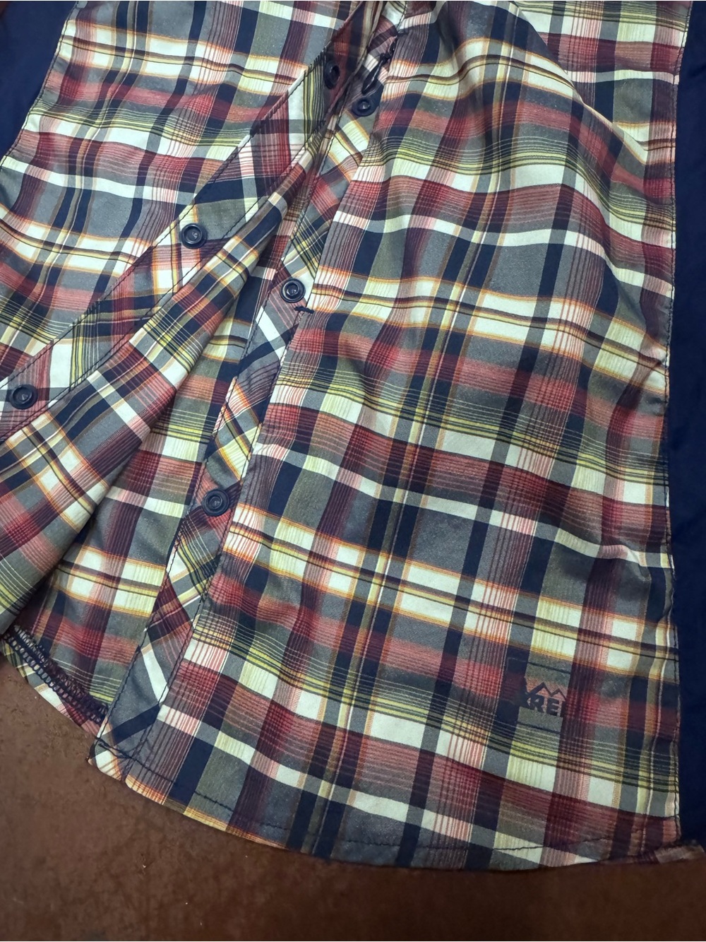 REI Red Navy Cream Plaid Button-Down Shirt with Navy Side Panels - Picture 4 of 4